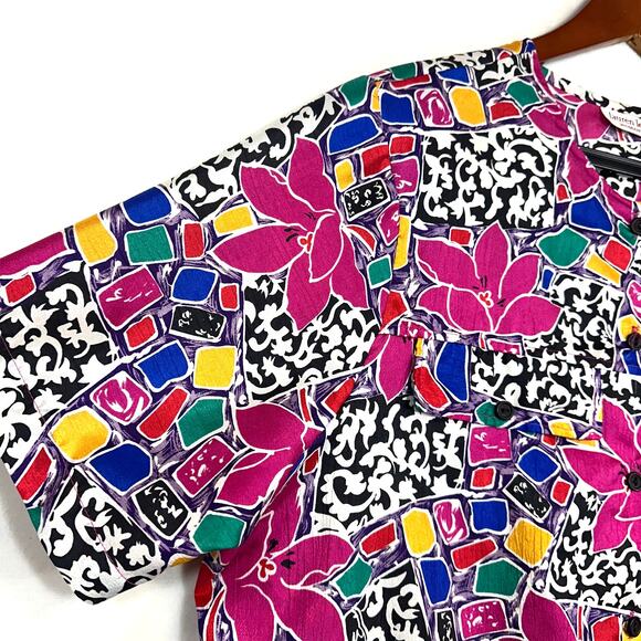 VTG Lauren Lee Floral Print Colorful Smocked Top Pink Maximalist 90s Abstract - Picture 3 of 9